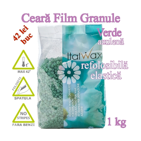 Ceara FILM granule Verde cu Azulena 1kg elastica, refolosibila - ItalWax