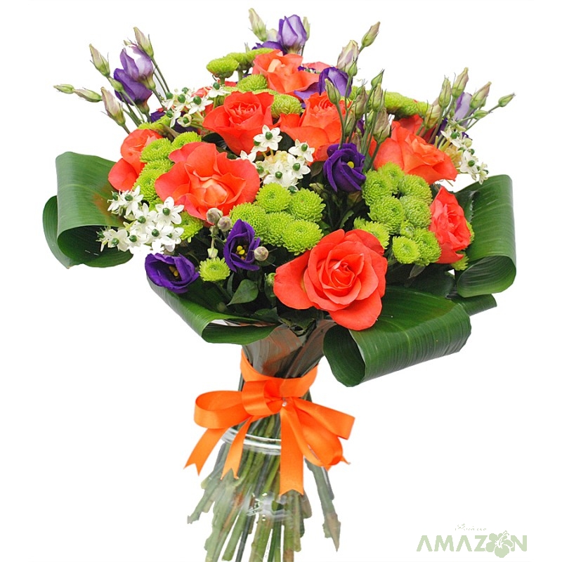 Buchet trandafiri portocalii si ornitogalum