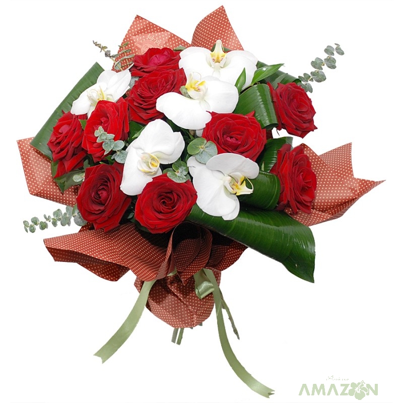 Buchet elegant Phalaenopsis si trandafiri rosii