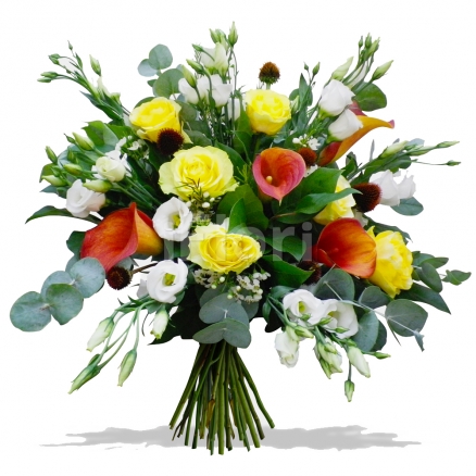 Buchet cale trandafiri lisantus eucalipt