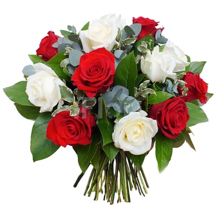 Buchet 15 trandafiri albi-rosii