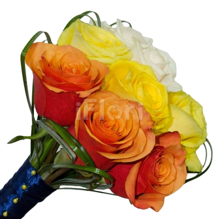Buchet mireasa trandafiri crem, orange si galbeni