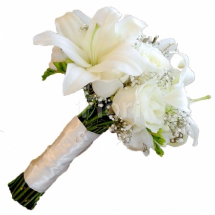 Buchet mireasa crini cu trandafiri albi