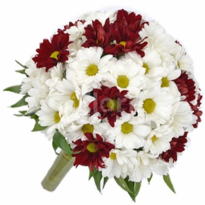Buchet mireasa crizanteme albe si grena