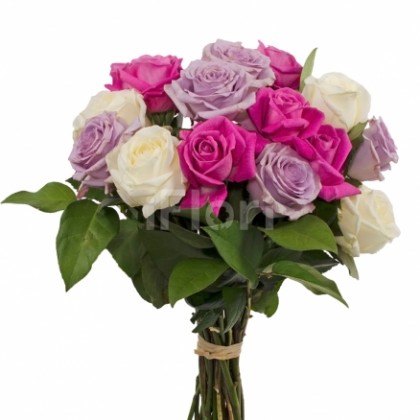 Buchet trandafiri albi-ciclam-mov