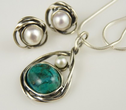 Set argint turcoaz si Perla 9077GFE-E7150