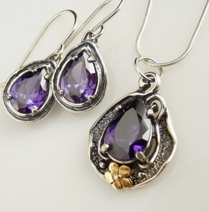 Set argint ametist si floricica aur 14k- E2481-E1781