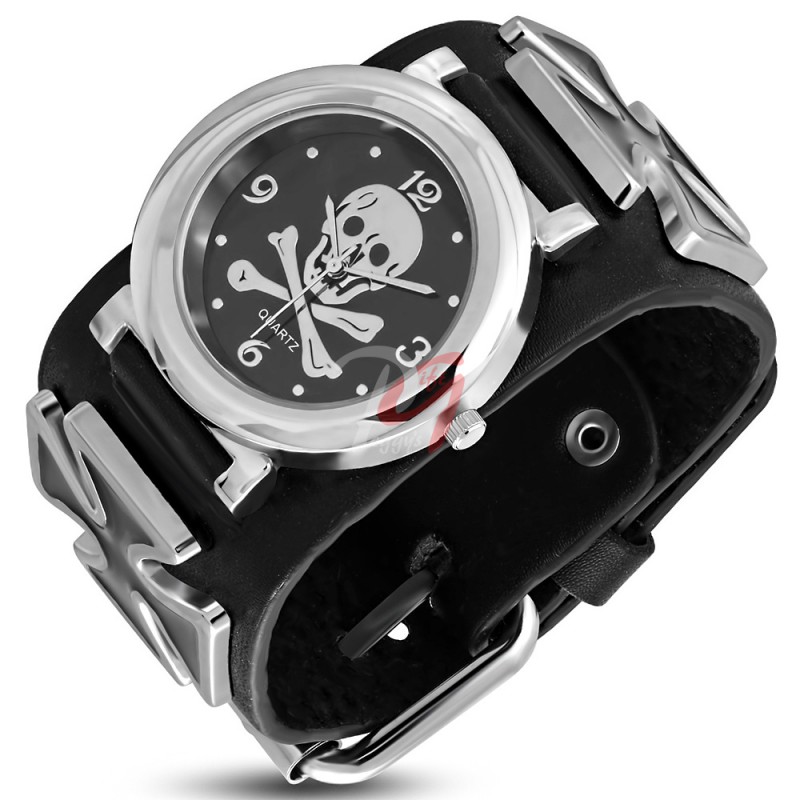 Ceas biker cu bratara de piele si Crucea Malteza