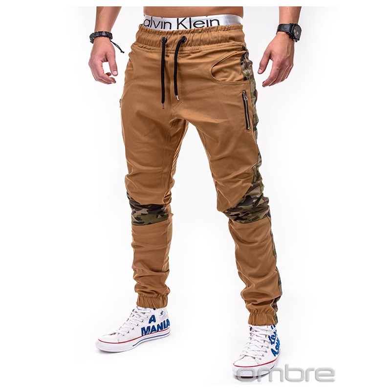 Pantaloni barbati cu insertii camuflaj -P387-camel