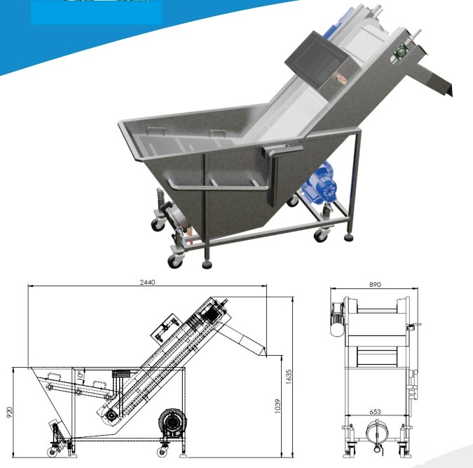 Masina de spalat legume si  fructe -  cu banda transportoare, barbotare si clatire
